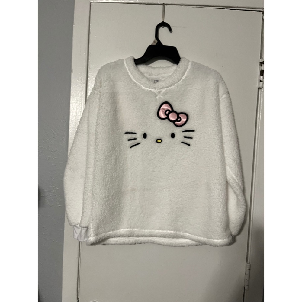 Sanrio Hello Kitty White Faux Fur Fleece Sweatshirt Embroidered Bow LZ44901SA S